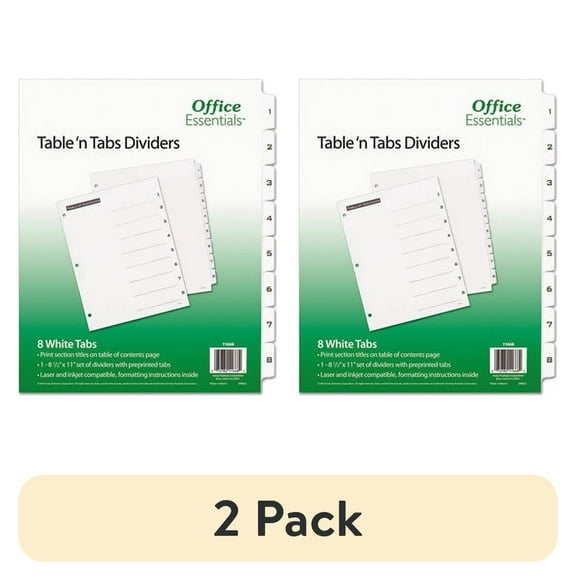 (2 pack) Office Essentials Table 'n Tabs Dividers with White Tabs, 1-8 Tab, 1 Set (11668)