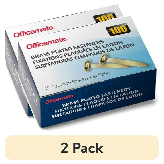 (2 pack) OfficeMate Brass Plated Round Head Fasteners, Brass Material, Paper Fastener, 100 Count