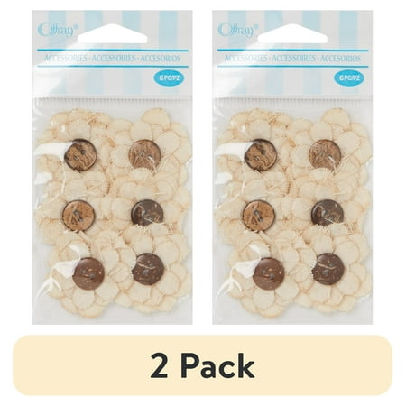 (2 pack) Offray Accessories, Natural Linen Flower with Button Center Accessory for Crafting, 6 Count