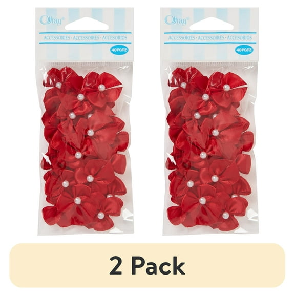 (2 pack) Offray Embellishment, Red 5/8 inch 2 Loop Bow with Pearl Accessory, 40 Count, 1 Package, Value Pack
