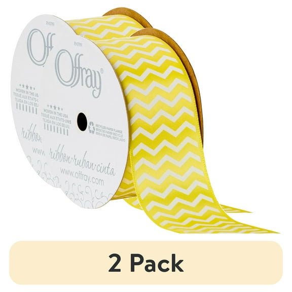 (2 pack) Offray Ribbon, Chevron Lemon Yellow 1 1/2 inch Single Face Satin Polyester Ribbon, 9 feet
