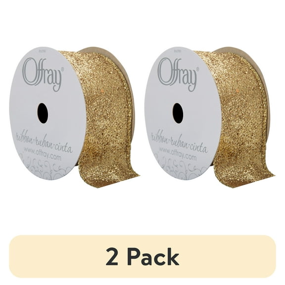 (2 pack) Offray Ribbon, Gold 1 1/2 inch Wired Edge Metallic Ribbon, 9 feet