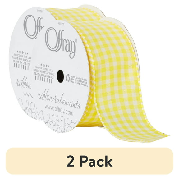 (2 pack) Offray Ribbon, Lemon Yellow 1 1/2 inch Gingham Check Woven Ribbon for Crafts, Gifting, and Wedding, 9 feet, 1 Each