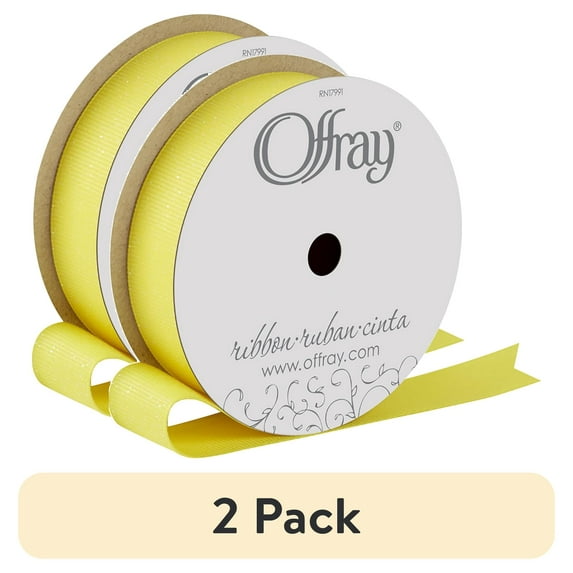 (2 pack) Offray Ribbon, Lemon Yellow 7/8 inch Grosgrain Glitter Polyester Ribbon for Sewing, Crafts, and Gifting, 9 feet, 1 Each