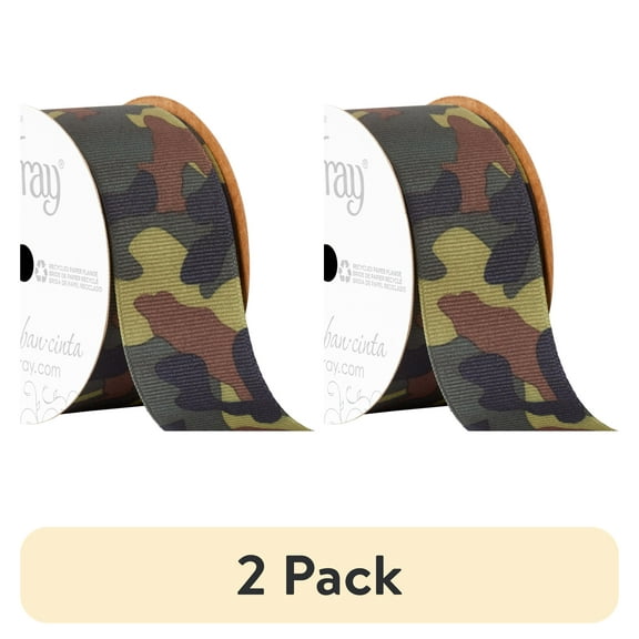 (2 pack) Offray Ribbon, Olive Green 1 1/2 inch Camouflage Grosgrain Ribbon, 9 feet