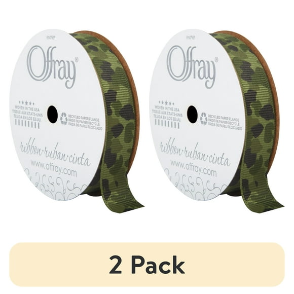 (2 pack) Offray Ribbon, Olive Green 5/8 inch Camouflage Grosgrain Ribbon, 9 feet