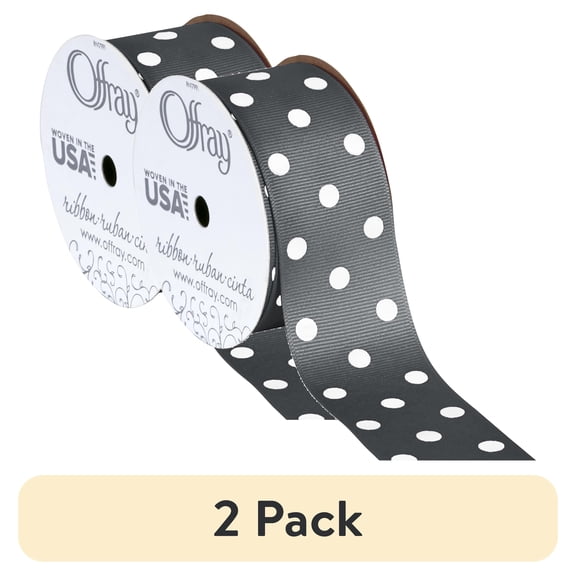 (2 pack) Offray Ribbon, Pewter Grey with White Polka Dot 1 1/2 inch Grosgrain Polyester Ribbon, 9 feet