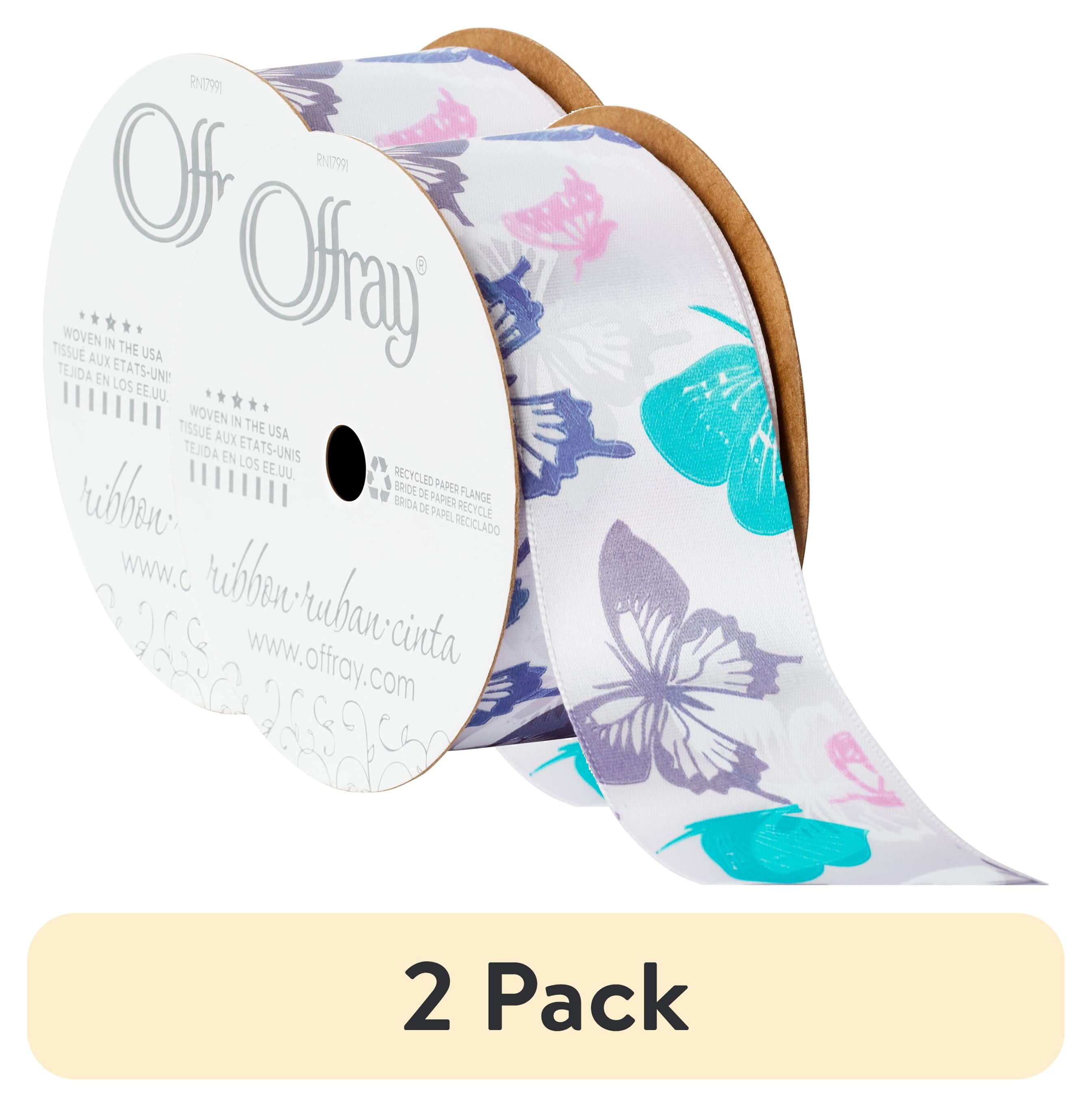 (2 pack) Offray Ribbon, Purple 1 1/2 inch Butterfly Satin Ribbon, 9 feet