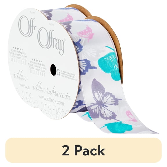 (2 pack) Offray Ribbon, Purple 1 1/2 inch Butterfly Satin Ribbon, 9 feet