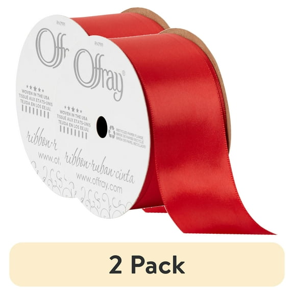(2 pack) Offray Ribbon, Red 1 1/2 inch Double Face Satin Polyester Ribbon, 12 feet