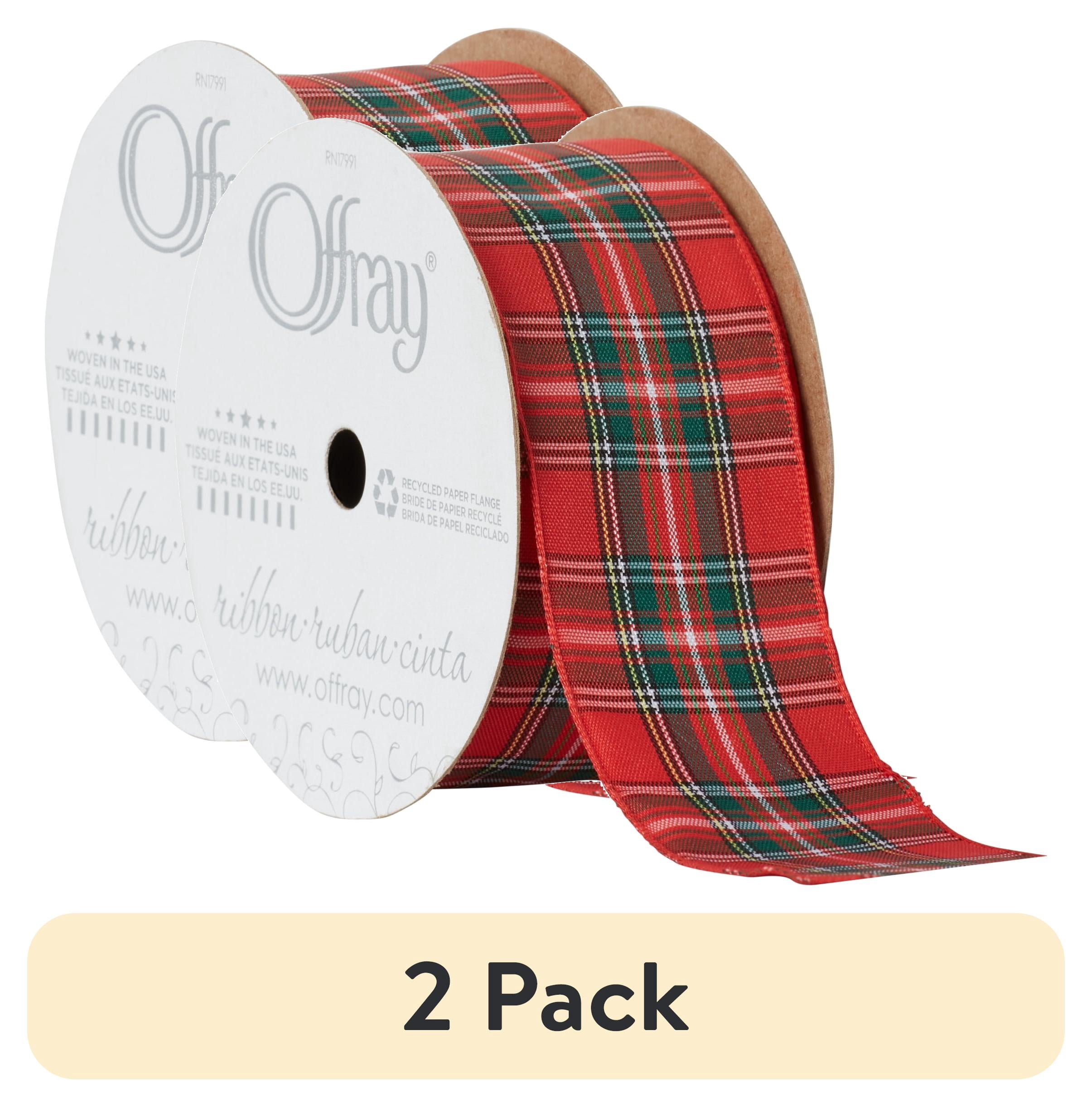 (2 pack) Offray Ribbon, Red 1 1/2 inch Tartan Woven Ribbon, 9 feet