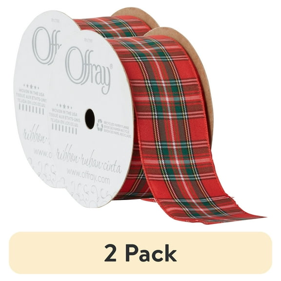 (2 pack) Offray Ribbon, Red 1 1/2 inch Tartan Woven Ribbon, 9 feet