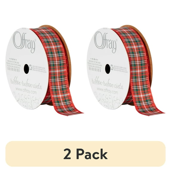 (2 pack) Offray Ribbon, Red 7/8 inch Plaid Ribbon, 9 feet