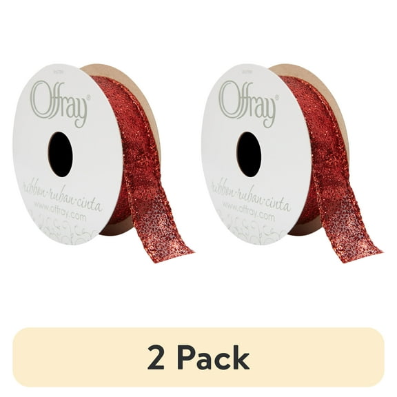 (2 pack) Offray Ribbon, Red 7/8 inch Wired Edge Metallic Ribbon, 9 feet