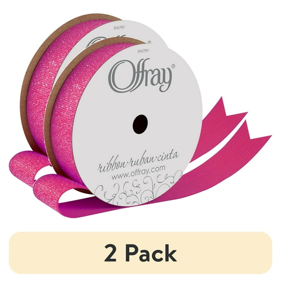 (2 pack) Offray Ribbon, Shocking Pink 7/8 inch Grosgrain Glitter Polyester Ribbon for Sewing, Crafts, and Gifting, 9 feet, 1 Each