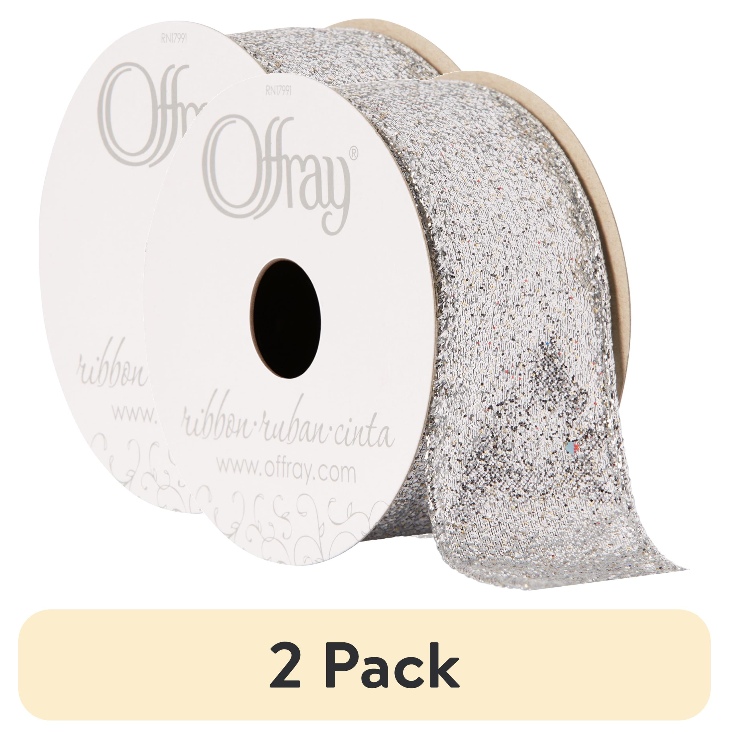 (2 pack) Offray Ribbon, Silver 1 1/2 inch Wired Edge Metallic Ribbon for Wedding, Crafts, and Gifting, 9 feet, 1 Each