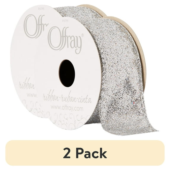 (2 pack) Offray Ribbon, Silver 1 1/2 inch Wired Edge Metallic Ribbon for Wedding, Crafts, and Gifting, 9 feet, 1 Each