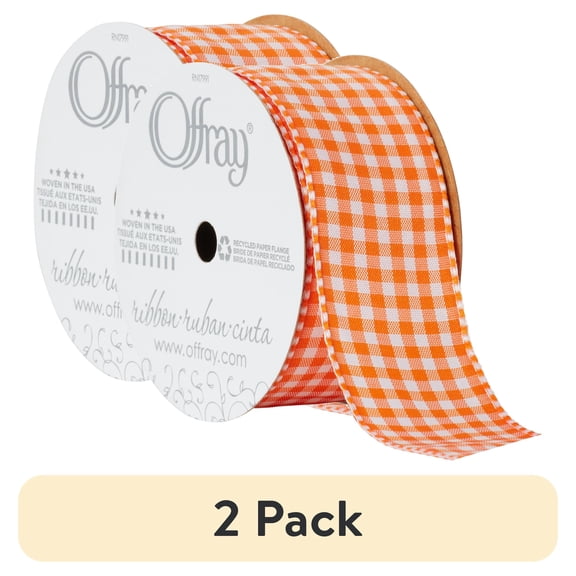 (2 pack) Offray Ribbon, Torrid Orange 1 1/2 inch Gingham Check Woven Ribbon for Crafts, Gifting, and Wedding, 9 feet, 1 Each