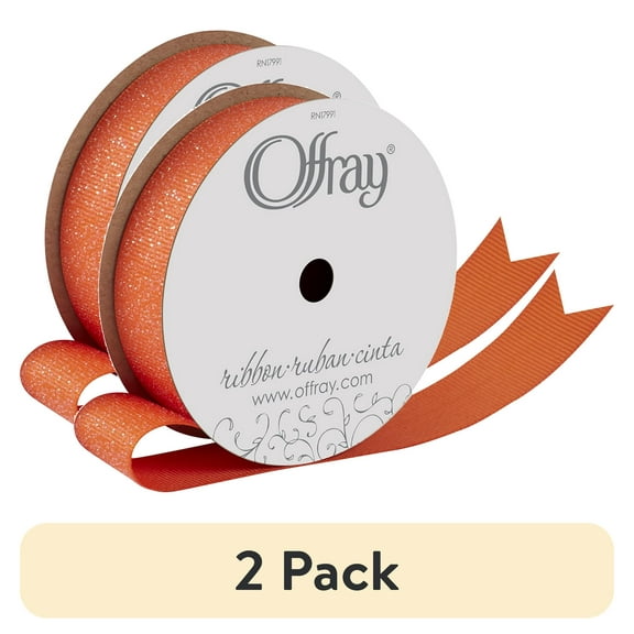 (2 pack) Offray Ribbon, Torrid Orange 7/8 inch Grosgrain Glitter Polyester Ribbon, 9 feet