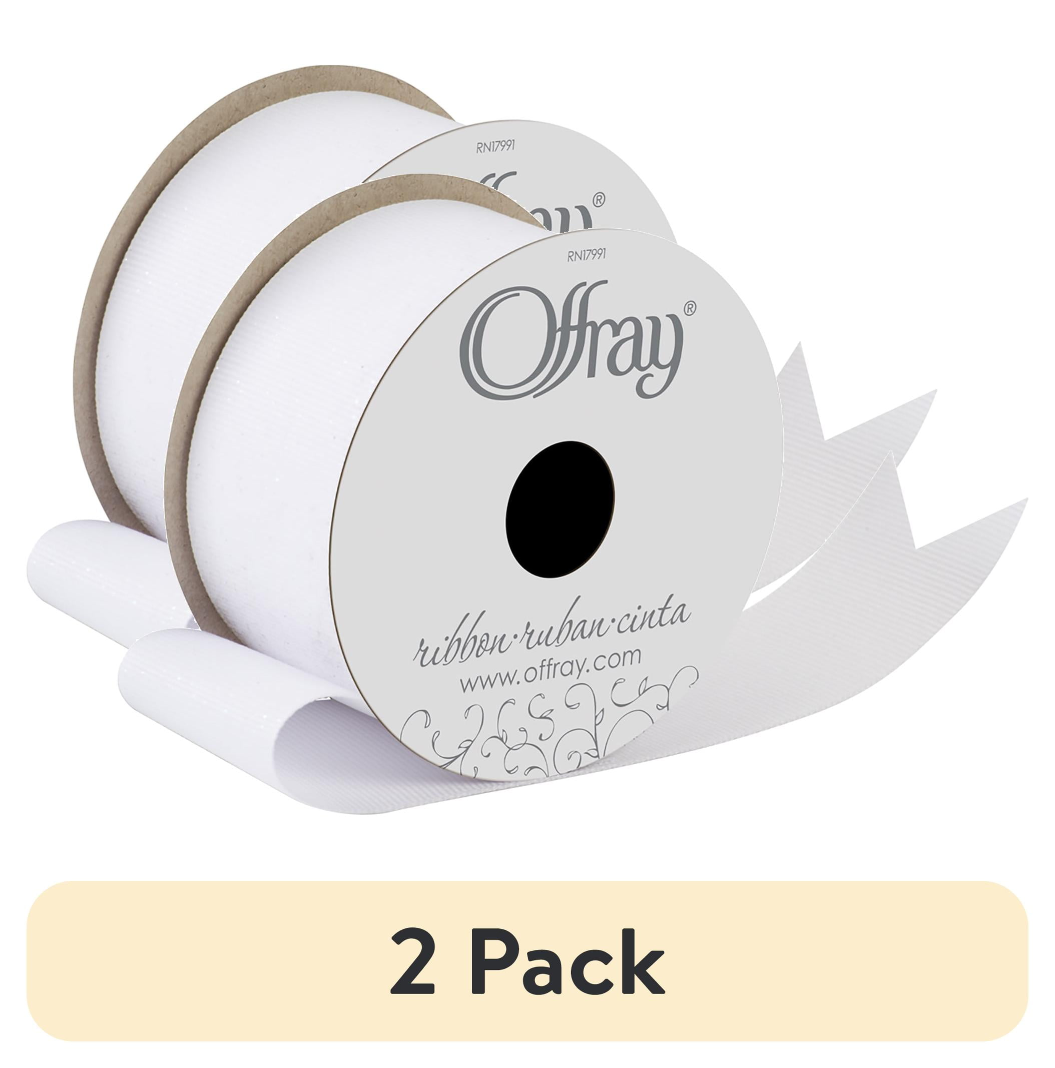 (2 pack) Offray Ribbon, White 1 1/2 inch Grosgrain Glitter Polyester Ribbon, 9 feet