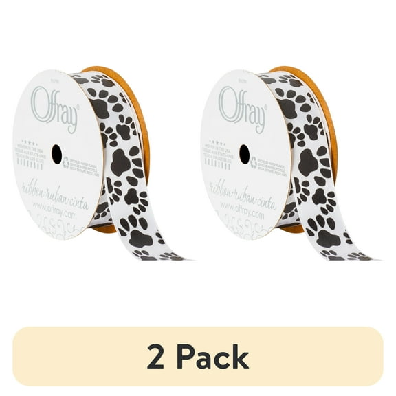 (2 pack) Offray Ribbon, White 7/8 inch Black Paw Print Satin Ribbon for Sewing, Crafts, and Gifting, 9 feet, 1 Each