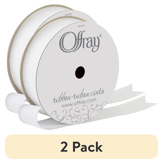 (2 pack) Offray Ribbon, White 7/8 inch Grosgrain Glitter Polyester Ribbon for Sewing, Crafts, and Gifting, 9 feet, 1 Each