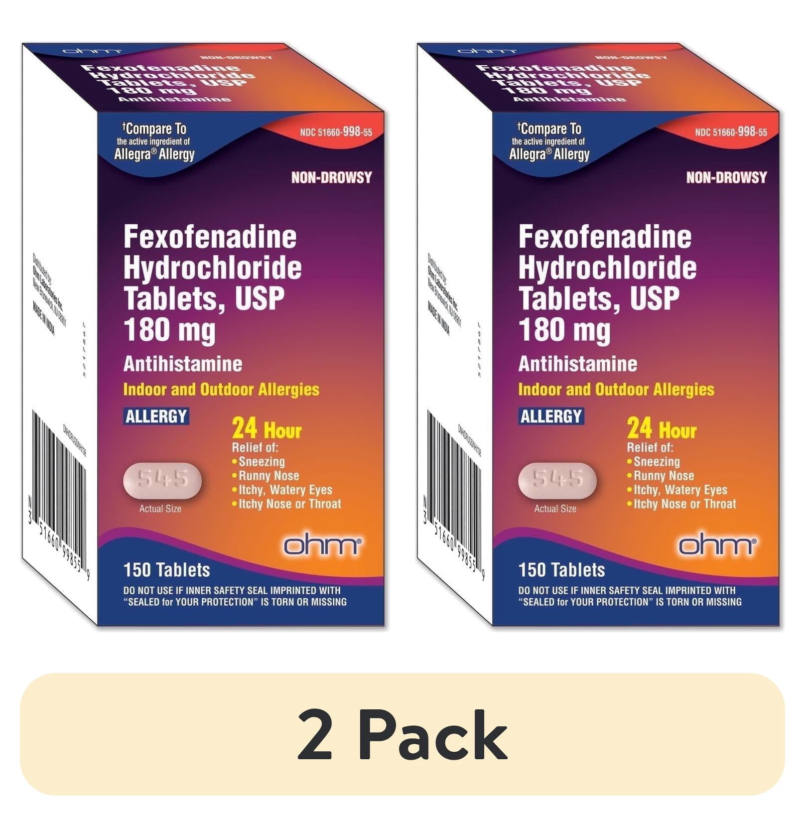 (2 pack) Ohm Fexofenadine Hydrochloride Antihistamine Allergy Relief Tablets, Non-Drowsy, 180mg, 150 Ct