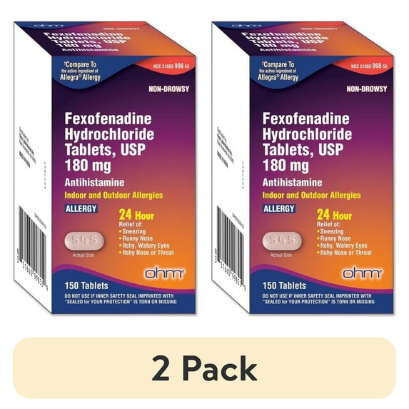 (2 pack) Ohm Fexofenadine Hydrochloride Antihistamine Allergy Relief Tablets, Non-Drowsy, 180mg, 150 Ct