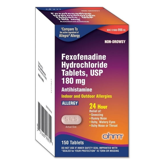 (2 pack) Ohm Allergy Medicine Fexofenadine 180mg - 24 Hour Relief for Sneezing and Allergy Symptoms, Non-Drowsy - 24-Hour Antihistamine Tablets for Effective Relief - 150 Count (Single Pack)