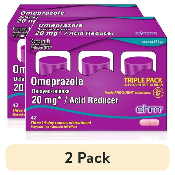 (2 pack) Ohm Omeprazole 20mg, 42 Delayed-Release Tablets, Acid Reducer for Frequent Heartburn, 24-Hour Relief Heartburn Medicine, Helps Relieve Stomach & Chest Discomfort (6 Weeks of Supply, 42, Count)