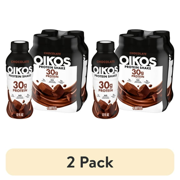 (2 pack) Oikos Protein Shake, Shelf Stable, Chocolate, 30g Protein, 12 fl oz, 4 Count Bottles