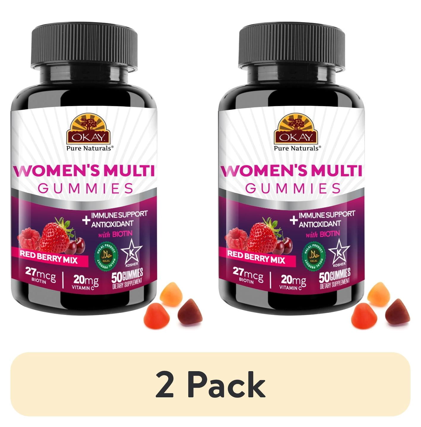 (2 pack) Okay Pure Naturals Multivitamin Gummies with Vitamin C and Biotin, Daily Multivitamin for Women, Red Berry Mix Flavor, 50 Count