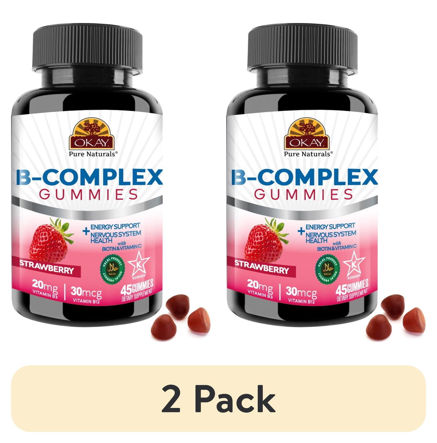 (2 pack) Okay Pure Naturals Vitamin B Complex Gummies with Biotin and Vitamin C, Strawberry Flavor, 45 Count