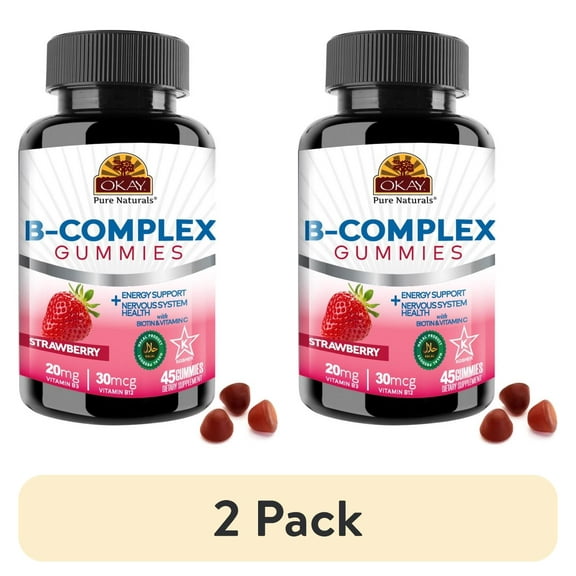 (2 pack) Okay Pure Naturals Vitamin B Complex Gummies with Biotin and Vitamin C, Strawberry Flavor, 45 Count