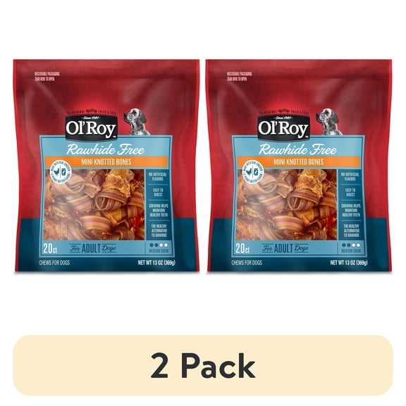 (2 pack) Ol' Roy 2.5 Inch Rawhide Free Mini Knotted Peanut Butter Flavored Bones, Chews for Dogs, 13 oz, 20 Count