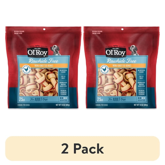 (2 pack) Ol' Roy 2.5-inch Rawhide Free Mini Knotted Chicken Flavored Bones, Chews for Dogs, 14 oz, 25 Count