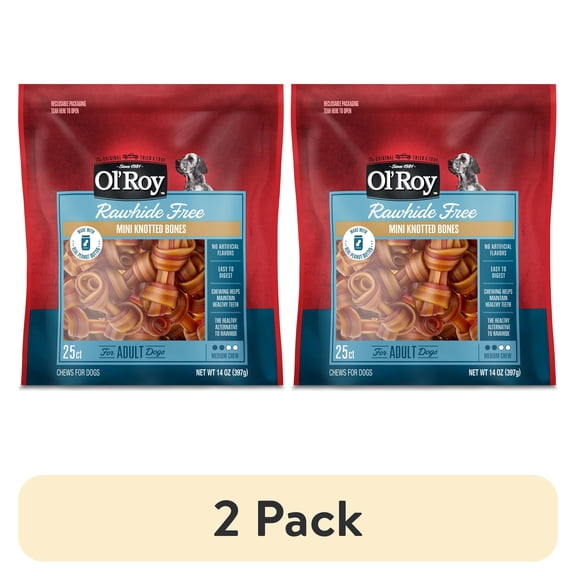 (2 pack) Ol' Roy 2.5" Rawhide Free Mini Knotted Peanut Butter Flavored Bones, Chews for Dogs, 14 oz, 25 Count