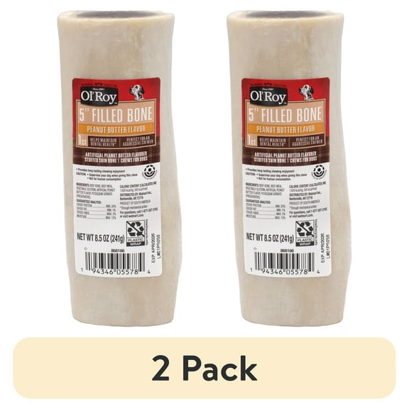 (2 pack) Ol' Roy 5" Stuffed Shin Dog Dry Chew Bone, Peanut Butter 1 Count