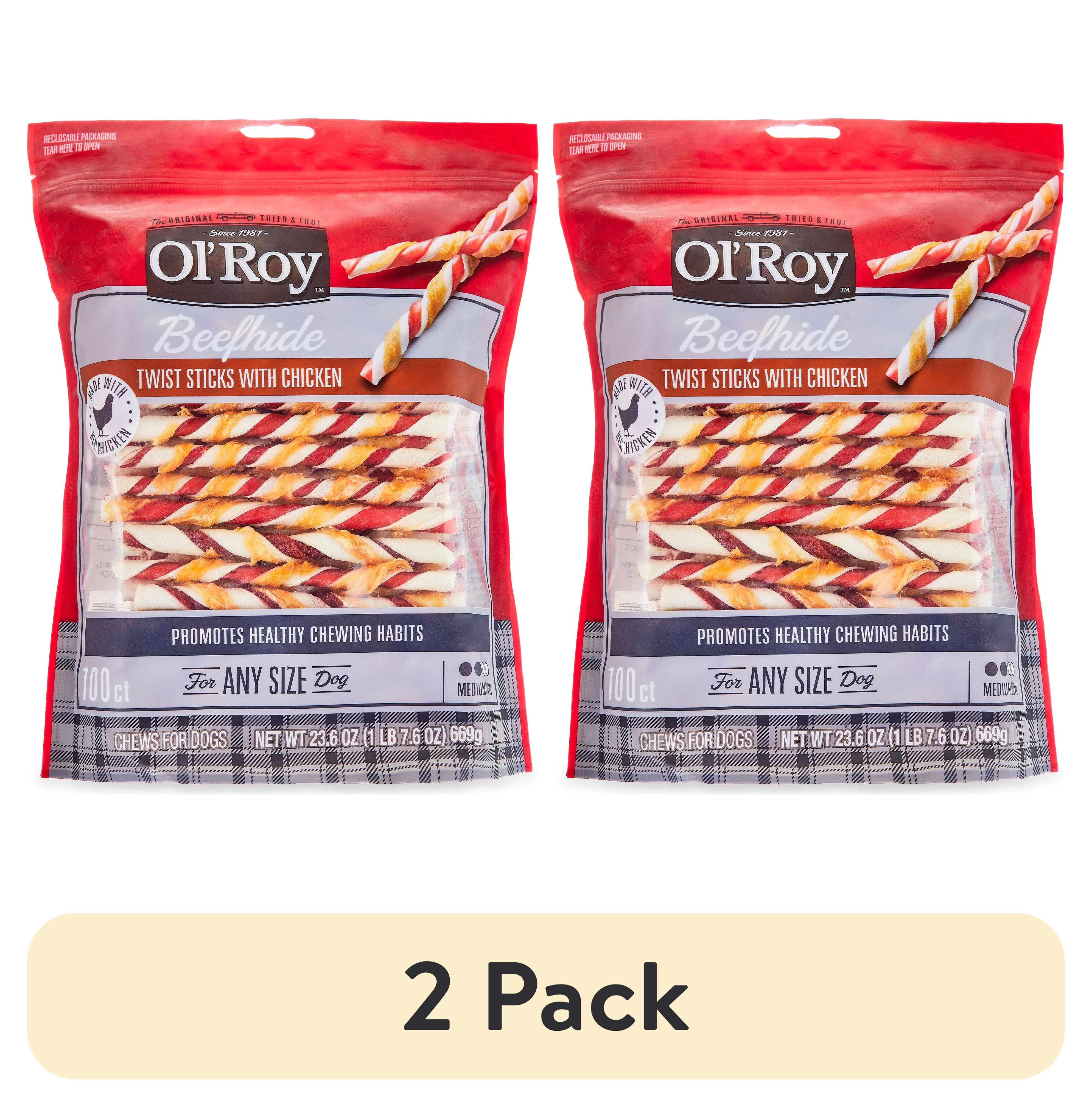 (2 pack) Ol' Roy Rawhide Chicken Sticks, Dog Treats, Beef hide Twists Chicken Flavor 23.6 oz, 5 Inch, 100 Count
