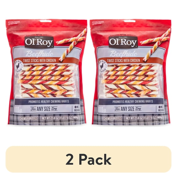 (2 pack) Ol'Roy Rawhide Chicken Sticks, Dog Treats, Beefhide Twists Chicken Flavor 23.6 oz, 5 inch, 100 Count
