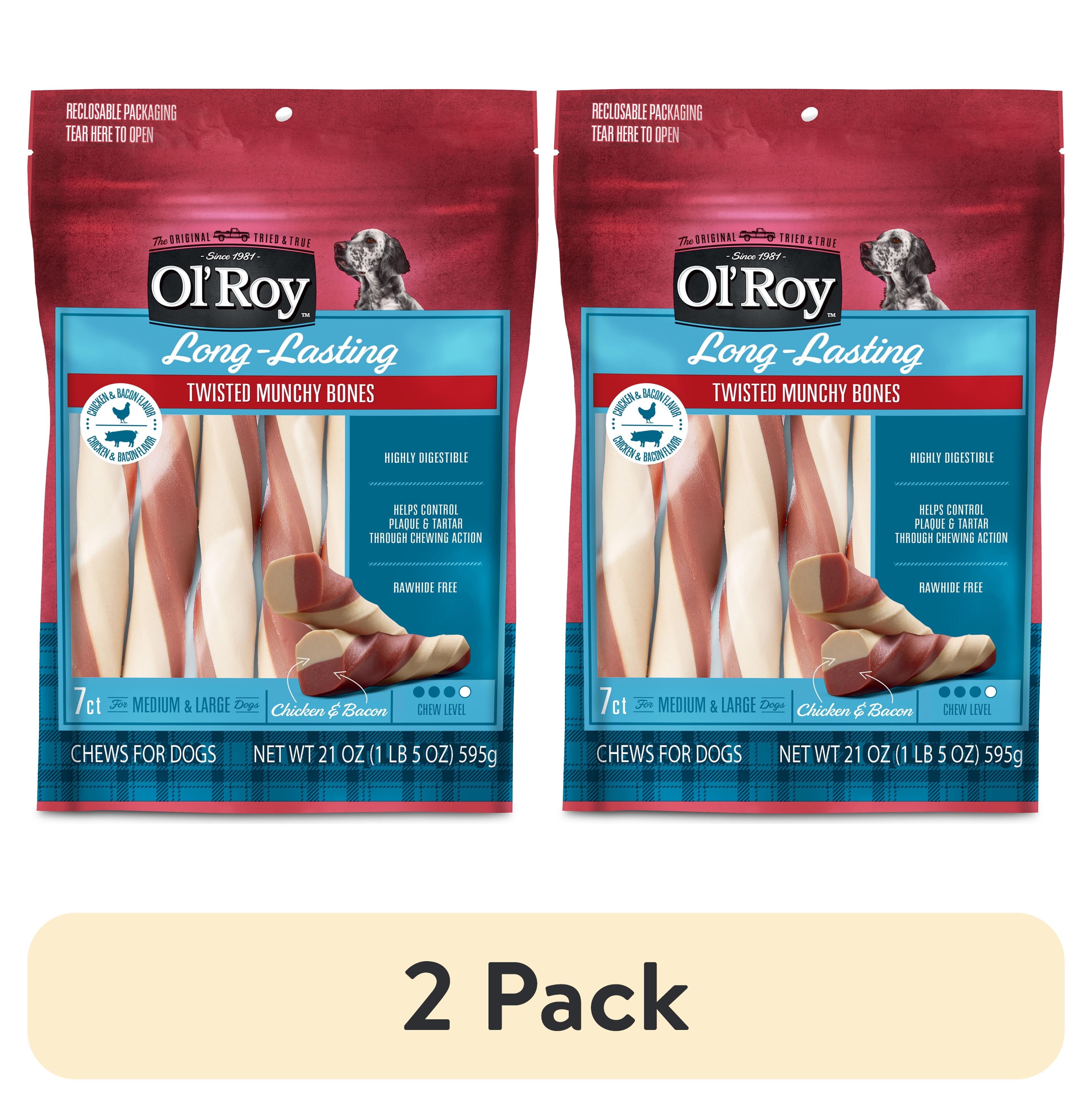 (2 pack) Ol' Roy Chicken and Bacon Flavor Twisted Munchy Bones Dog Treats for Medium and Large Dogs, 21 oz