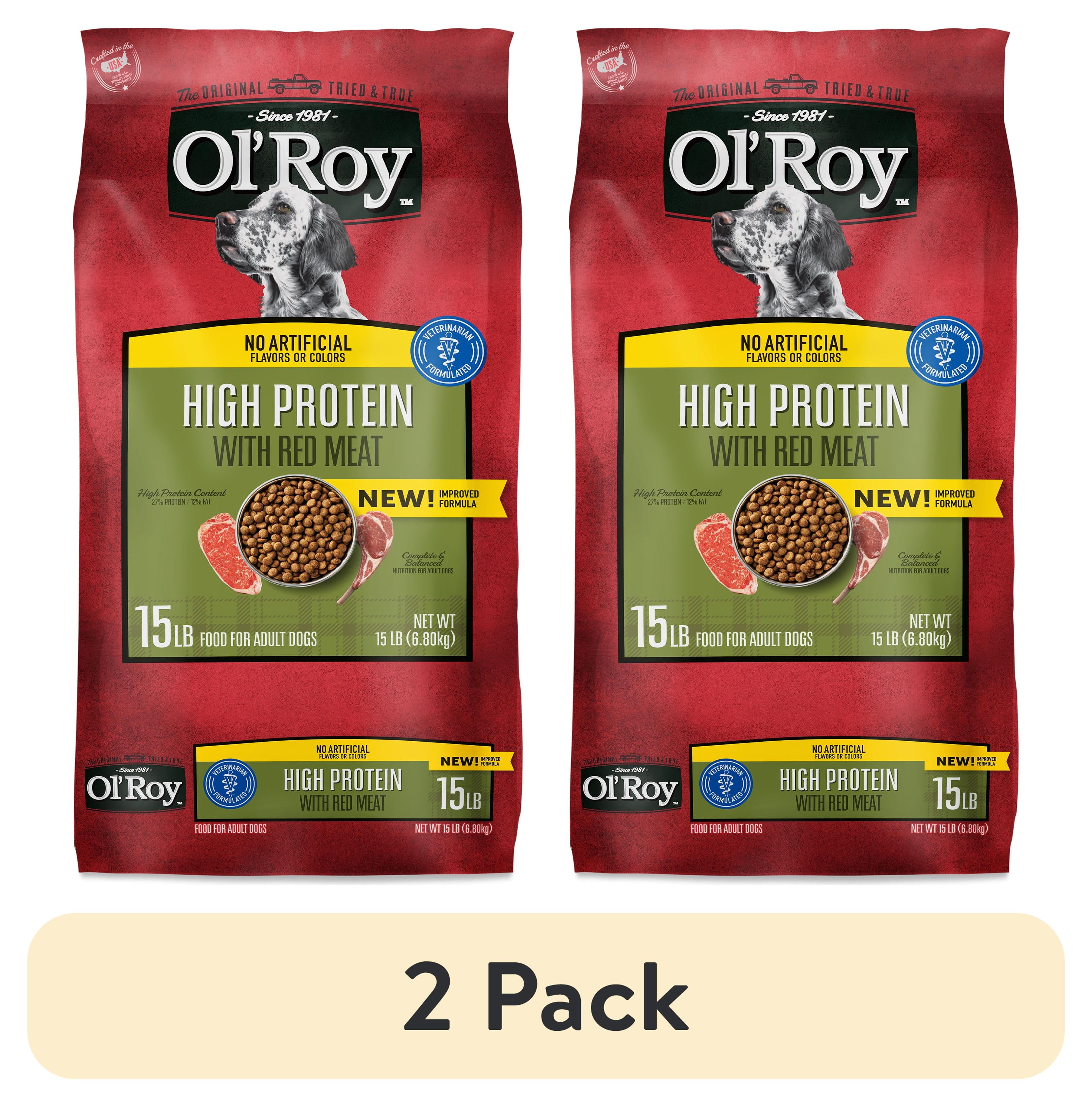 (2 pack) Ol' Roy High Protein with Red Meat Dry Dog Food, 15 lb Bag