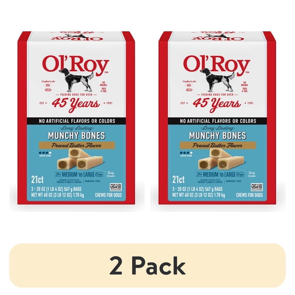 (2 pack) Ol' Roy Munchy Bone Dog Treats, Peanut Butter Flavor, 60 oz, 21 Count