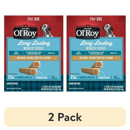 (2 pack) Ol' Roy Peanut Butter Munchy Bones Dog Treats for Dogs, Medium to Large, 21 Count, 60 oz