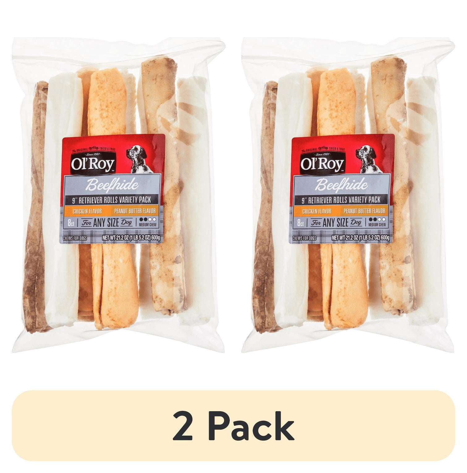 (2 pack) Ol' Roy Rawhide 9-inch Retrievers Multi-Flavored Chews for Dogs, Dry, 21.2 oz, 8 Count