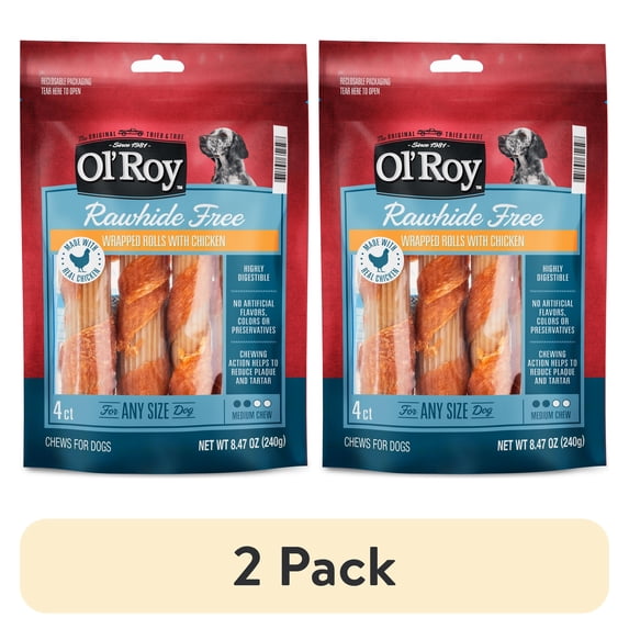 (2 pack) Ol' Roy Rawhide Free Wrapped Rolls with Chicken for Any Size Dogs, Dry, 8.47 oz Bag, 4 Count