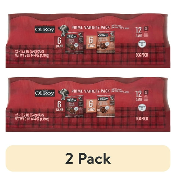 (2 pack) Ol' Roy Ribeye Flavor & New York Strip Flavor Cuts in Gravy Wet Dog Food Prime Variety Pack, 13.2 oz Cans (12 Pack)