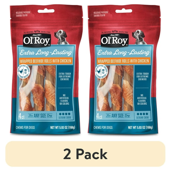 (2 pack) Ol' Roy Wrapped Rawhide Rolls with Chicken, Chews for Dogs, 5.93 oz, 4 Count