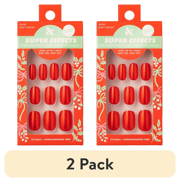 (2 pack) Olive & June Super Stick Tabs, Short Squoval Press-On Nails, Ruby Chrome, 32 Pieces