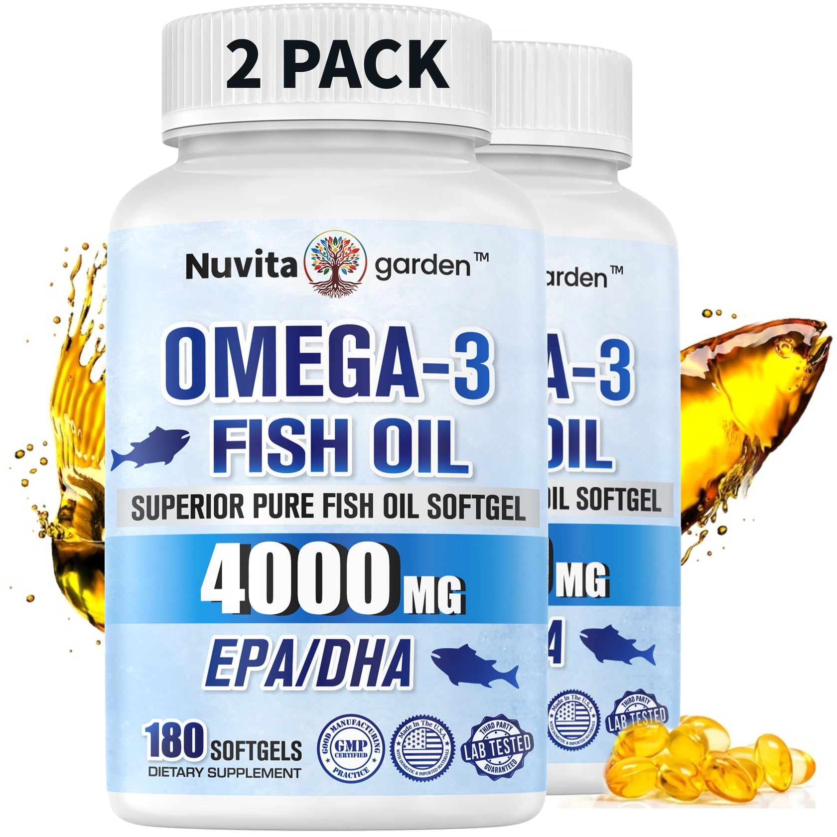 (2 pack) Omega-3 4000mg 180 Softgels Triple Strength Burpless Fish Oil Supplement with High-Potency EPA, DHA, Wild-Caught Unlavor